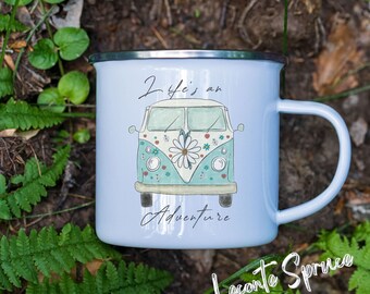 Life's An Adventure Mug, Enamel Camping Mug, Cute Hippie Van Mug
