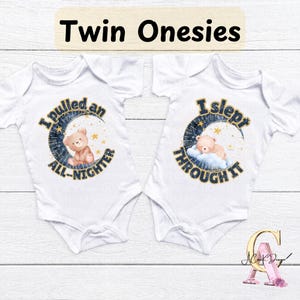 Funny Twin Baby Onesies, moon themed matching outfit, baby bodysuit, Twin Onesies