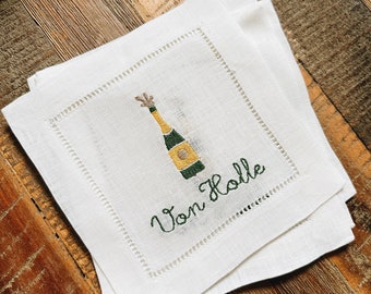 Personalized Champagne Bottle Linen Cocktail Napkins