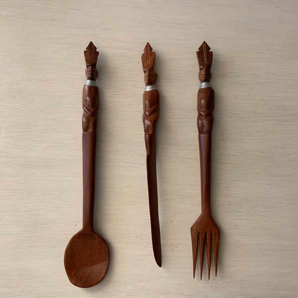 Hand Carved Wood Serving Utensils Kneeling African Tribal Figures 3 piece set