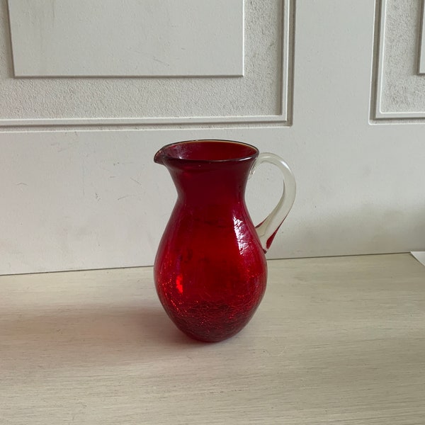 Vintage Red Cranberry Crackle Glass Pitcher