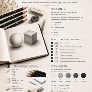 Pode incluir: Uma folha de instruções Pencil Drawing Guided Studies com um caderno de desenho exibindo uma esfera e um cubo, vários lápis de grafite rotulados 2H, 2B, HB, 4B, 6B, uma borracha maleável, um apontador de metal e texto sobre exercícios.
