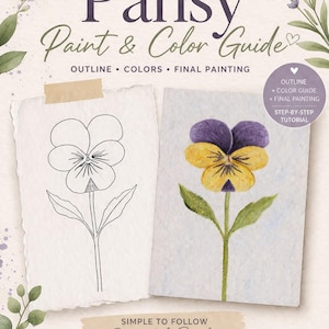 Pode incluir: Um mini e-book intitulado "Pansy Paint & Color Guide" com tutoriais passo a passo. A capa apresenta um desenho e uma pintura de um amor-perfeito, com o texto "Outline, Colors, Final Painting". O guia é para iniciantes e amantes da arte.