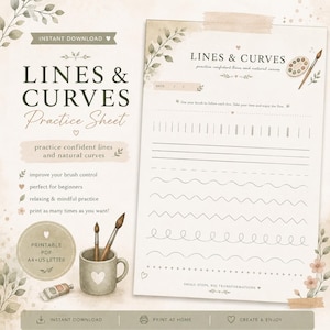 Pode incluir: Uma folha de exercícios PDF imprimível intitulada "Lines & Curves" com texto e ilustrações para controle do pincel. Inclui uma caneca com pincéis, um tubo de tinta e detalhes florais. A folha apresenta linhas e curvas para praticar.