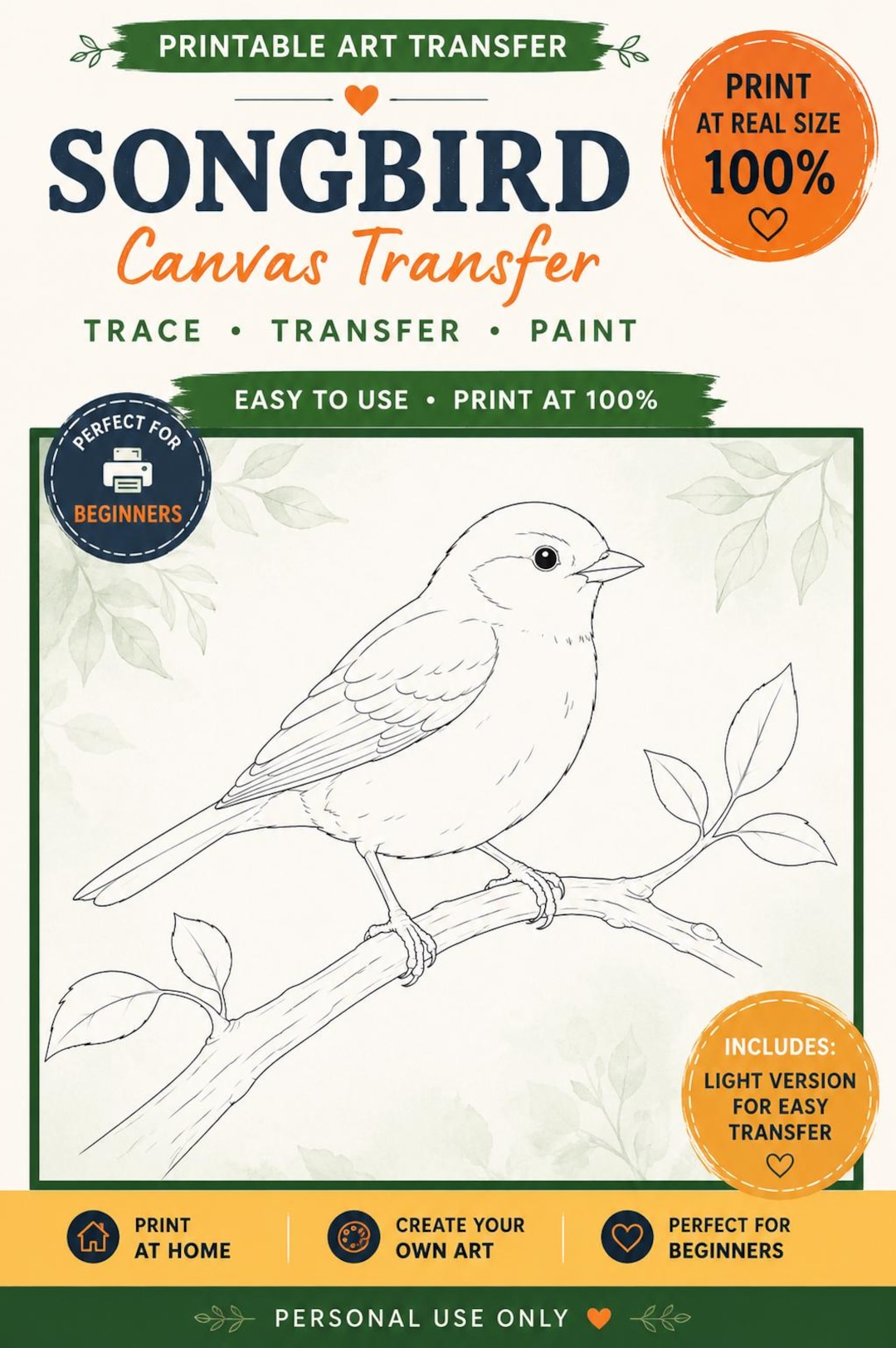 Songbird Canvas Transfer | Printable Bird Painting Outline PDF | Trace ...