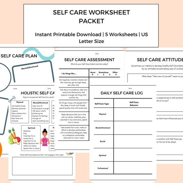 Self Care Worksheet Packet | Worksheets for Self Care Practice | Self Care | Worksheets for Holistic Self Care