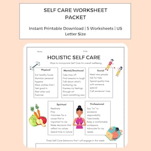 May include: A printable worksheet titled "Holistic Self Care" with a colorful illustration of a person meditating. The worksheet is divided into six sections: Physical, Mental/Emotional, Social, Spiritual, Professional, and Three Self Care behaviors that I will engage in this week.