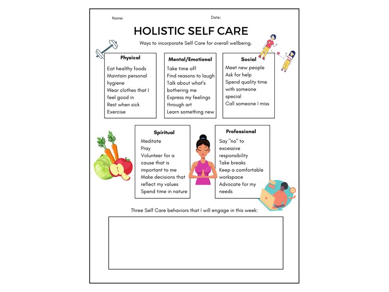 May include: A printable worksheet with a title "Holistic Self Care" and a list of ways to incorporate self-care for overall well-being. The worksheet is divided into six categories: Physical, Mental/Emotional, Spiritual, Social, Professional, and Three Self Care behaviors that I will engage in this week. Each category has a list of suggestions for self-care practices.