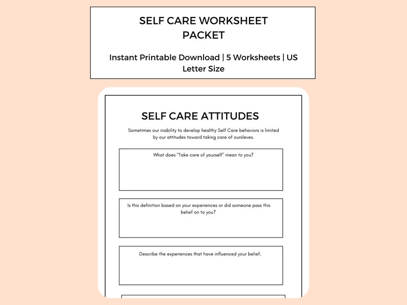 May include: Black and white printable worksheet titled "Self Care Attitudes" with the text "Sometimes our inability to develop healthy Self Care behaviors is limited by our attitudes toward taking care of ourselves."  The worksheet includes three questions: "What does 'Take care of yourself' mean to you?", "Is this definition based on your experiences or did someone pass this belief on to you?", and "Describe the experiences that have influenced your belief."