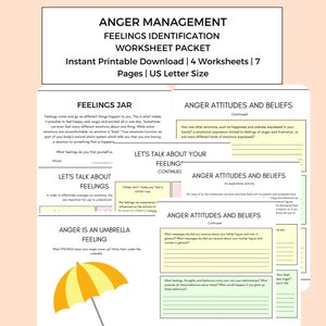 May include: A printable worksheet packet for anger management. The packet includes four worksheets with titles such as "Feelings Jar", "Let's Talk About Your Feelings", "Anger is an Umbrella Feeling", and "Anger Attitudes and Beliefs".