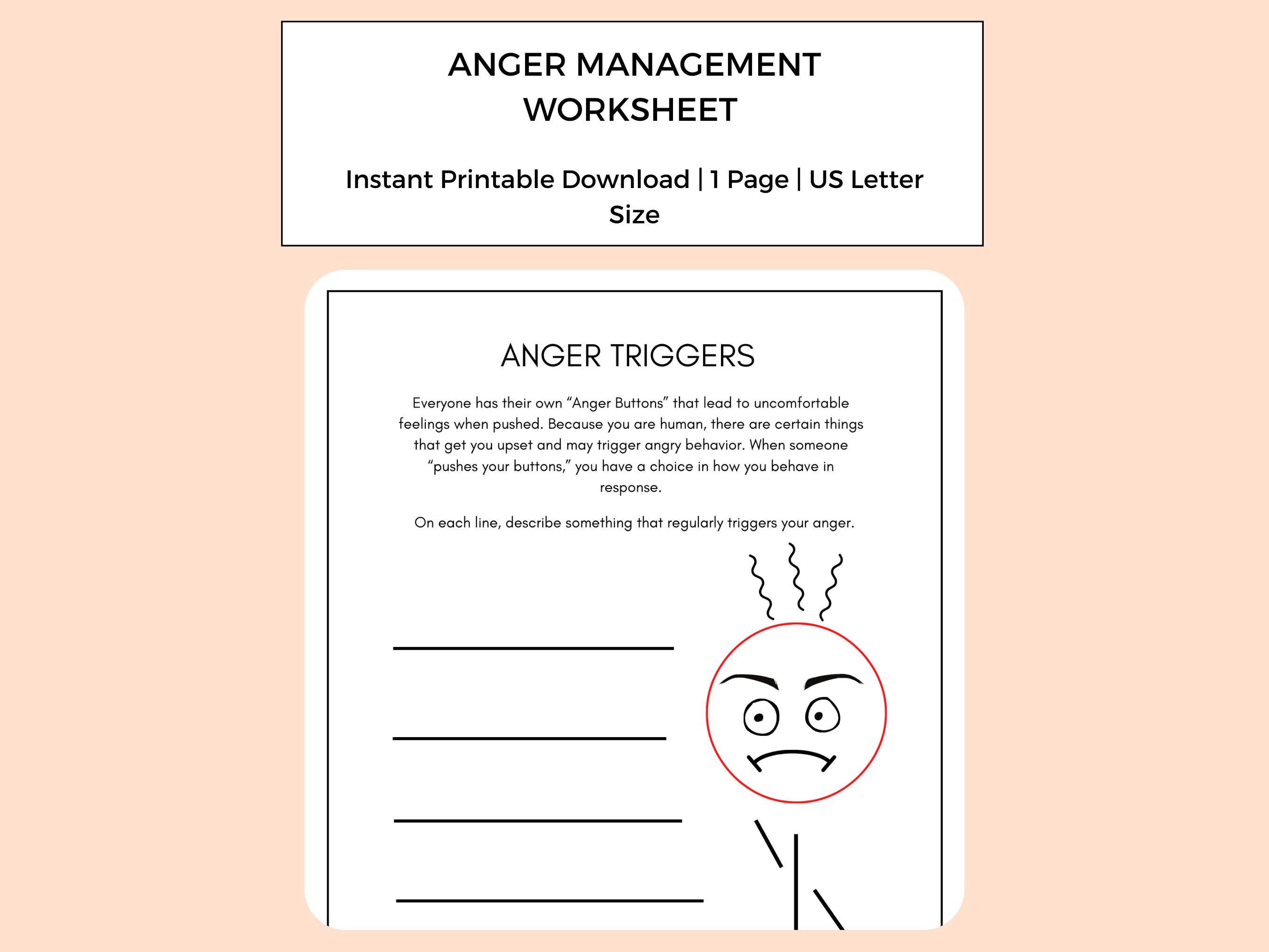 anger management worksheets anger triggers and skills etsy