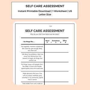 Self Care Assessment | Self Care Worksheet | Self Care | Digital Download