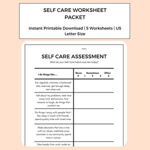 May include: A black and white printable self-care assessment worksheet with the title "Self Care Assessment". The worksheet asks the user to rate how often they do certain self-care activities, such as eating regularly, exercising, getting enough sleep, talking about their problems, spending time with loved ones, and taking breaks from work.