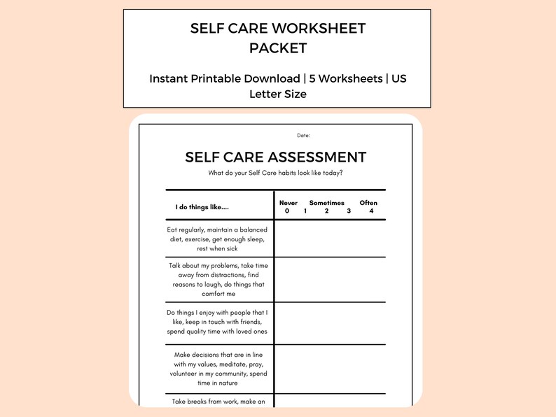 May include: A black and white printable self-care assessment worksheet with the title "Self Care Assessment". The worksheet asks the user to rate how often they do certain self-care activities, such as eating regularly, exercising, getting enough sleep, talking about their problems, spending time with loved ones, and taking breaks from work.