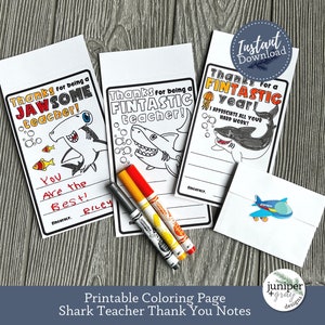 Notes de remerciement de l'enseignant - Notes de remerciement de requin imprimables pour les enseignants - Cartes de remerciement de requin à colorier pour les enseignants des enfants - Téléchargement instantané PDF