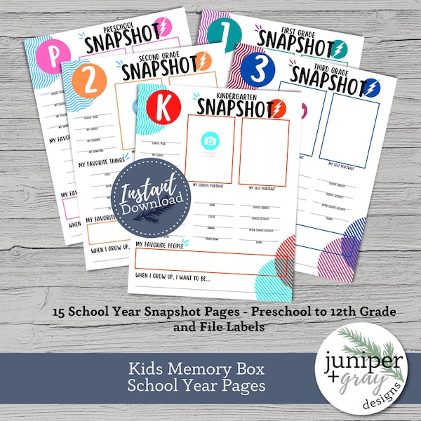 Printable School Memory Box Files - Kids School Year Memory Organizer - Printable Memory Box Pages - Instant Download PDF