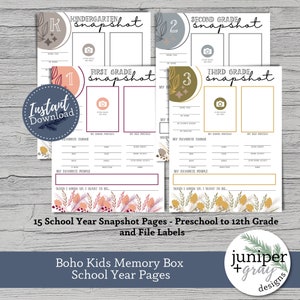 May include: A set of 15 printable school year snapshot pages for kids, featuring a boho style with floral and geometric designs. The pages are designed for kindergarten through 12th grade and include space for photos, favorite things, and goals. The pages are labeled with the grade level and include the text "Instant Download".
