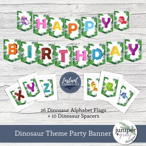 Printable Dinosaur Theme Party Decor - Kids Dinosaur Birthday Bunting - Dinosaur Alphabet Banner  - Instant Download PDF