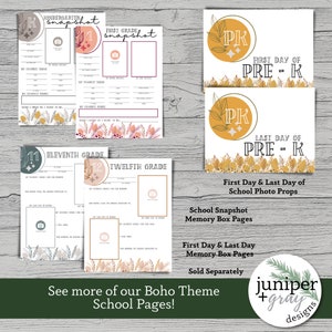May include: A set of printable school snapshot memory box pages with a boho theme. The pages feature a variety of colors and designs, including fall leaves, flowers, and geometric shapes. The pages are designed for kindergarten through twelfth grade, as well as pre-k. The pages include space for a photo, as well as prompts for students to write about their favorite things, their favorite people, and their favorite books. The pages are also available in a variety of languages.