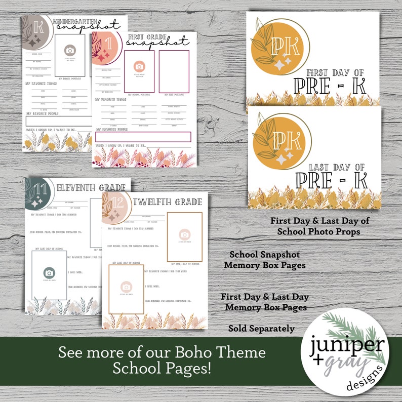 May include: A set of printable school snapshot memory box pages with a boho theme. The pages feature a variety of colors and designs, including fall leaves, flowers, and geometric shapes. The pages are designed for kindergarten through twelfth grade, as well as pre-k. The pages include space for a photo, as well as prompts for students to write about their favorite things, their favorite people, and their favorite books. The pages are also available in a variety of languages.