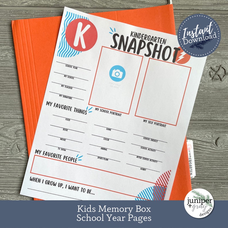May include: A printable kindergarten memory page with a red K and the words "Kindergarten Snapshot" in a blue and red font. The page includes sections for school year, favorite things, favorite people, and a place to write what the child wants to be when they grow up.