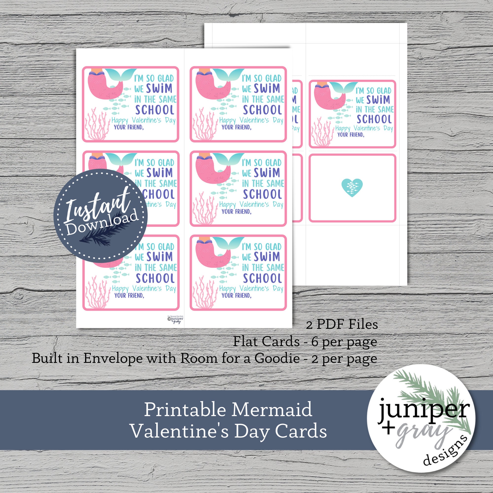 Printable Mermaid Valentine's Day Card Preschool Mermaid Valentine Kids ...