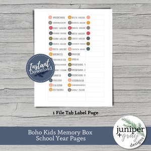 May include: Printable file tab labels for a memory box. The labels are in a boho style with a variety of colors and patterns. The labels include categories for school years, preschool, medical, photos, certificates, miscellaneous, sports, college, awards, and artwork. The text "1 File Tab Label Page" is at the bottom of the page.