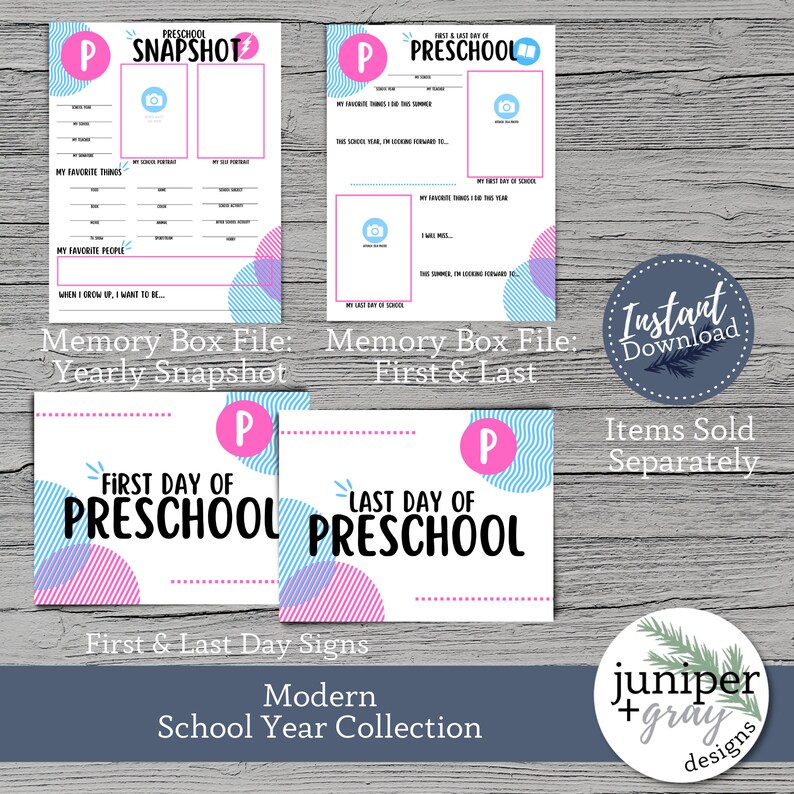 May include: Printable preschool memory box files for the first and last day of school. The files feature a pink and blue color scheme with a letter "P" and the words "First Day of Preschool" and "Last Day of Preschool".
