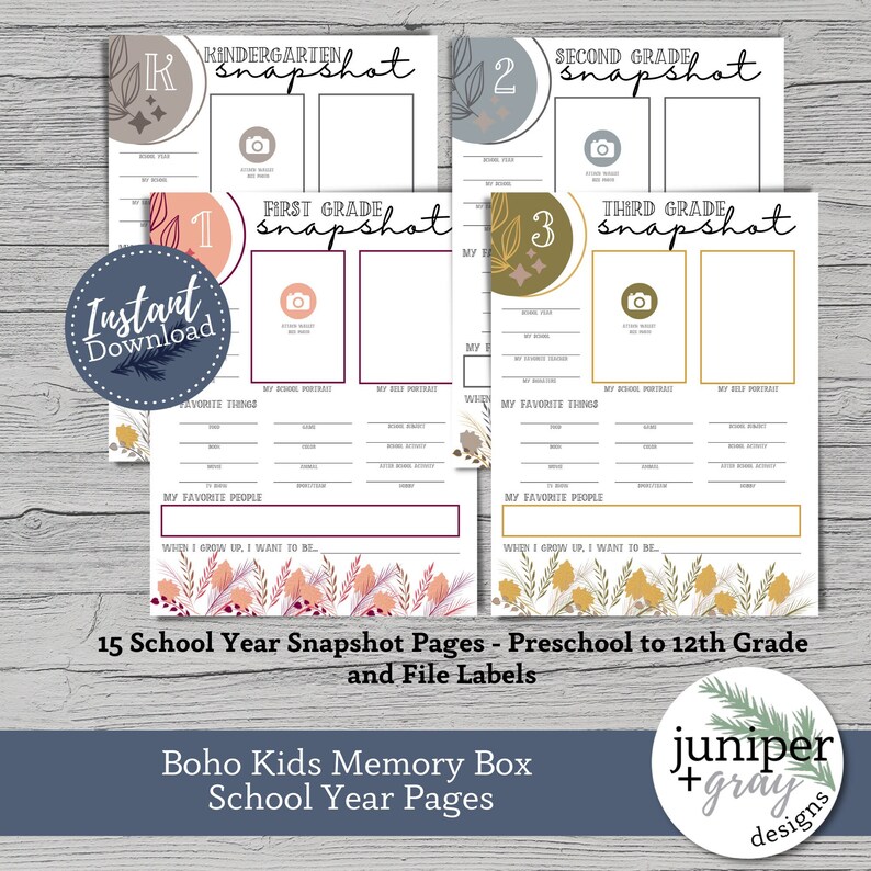 May include: A set of 15 printable school year snapshot pages for kids, featuring a boho style with floral and geometric designs. The pages are designed for kindergarten through 12th grade and include space for photos, favorite things, and goals. The pages are labeled with the grade level and include the text "Instant Download".