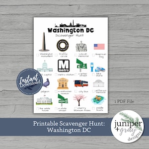 Actividad imprimible para niños de Washington DC - Búsqueda del tesoro de viajes - Juegos de viaje para lectores tempranos y no lectores - Washington DC - Descarga instantánea de PDF