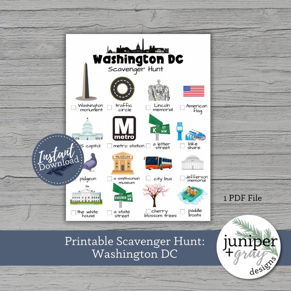 Printable Washington DC Kids Activity - Travel Scavenger Hunt - Early Reader Nonreader Travel Games - Washington DC - Instant Download PDF