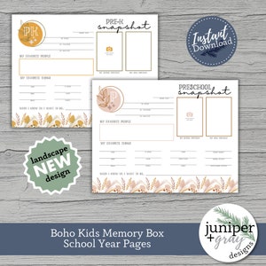 May include: Two printable pages for a memory box, one for preschool and one for pre-k. Both pages feature a floral design with a gold and pink color scheme. The pages include space for a photo, child's name, favorite things, and more.