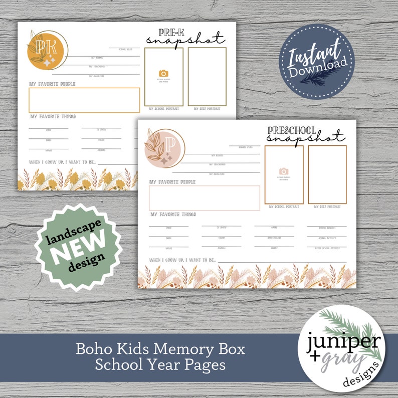 May include: Two printable pages for a memory box, one for preschool and one for pre-k. Both pages feature a floral design with a gold and pink color scheme. The pages include space for a photo, child's name, favorite things, and more.