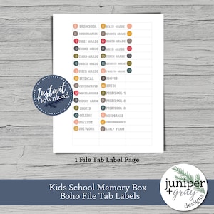 May include: A printable sheet of file folder labels for a school memory box. The labels are in a boho style with different colours and fonts. The labels include categories such as preschool, kindergarten, first grade, second grade, third grade, fourth grade, fifth grade, sixth grade, seventh grade, eighth grade, ninth grade, tenth grade, eleventh grade, twelfth grade, medical, photos, certificates, pre-k, miscellaneous, report cards, sports, college, awards, artwork, preschool 1, preschool 2, preschool 3, keepsakes, correspondence, and early years.