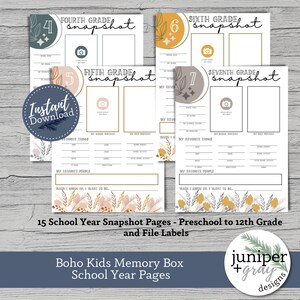 May include: A set of 15 printable school year snapshot pages for kids, featuring a boho design with floral and leaf illustrations in shades of brown, yellow, and gray. The pages are designed for preschool through 12th grade and include space for photos, favorite things, and goals. The text "Boho Kids Memory Box School Year Pages" is included at the bottom of the page.