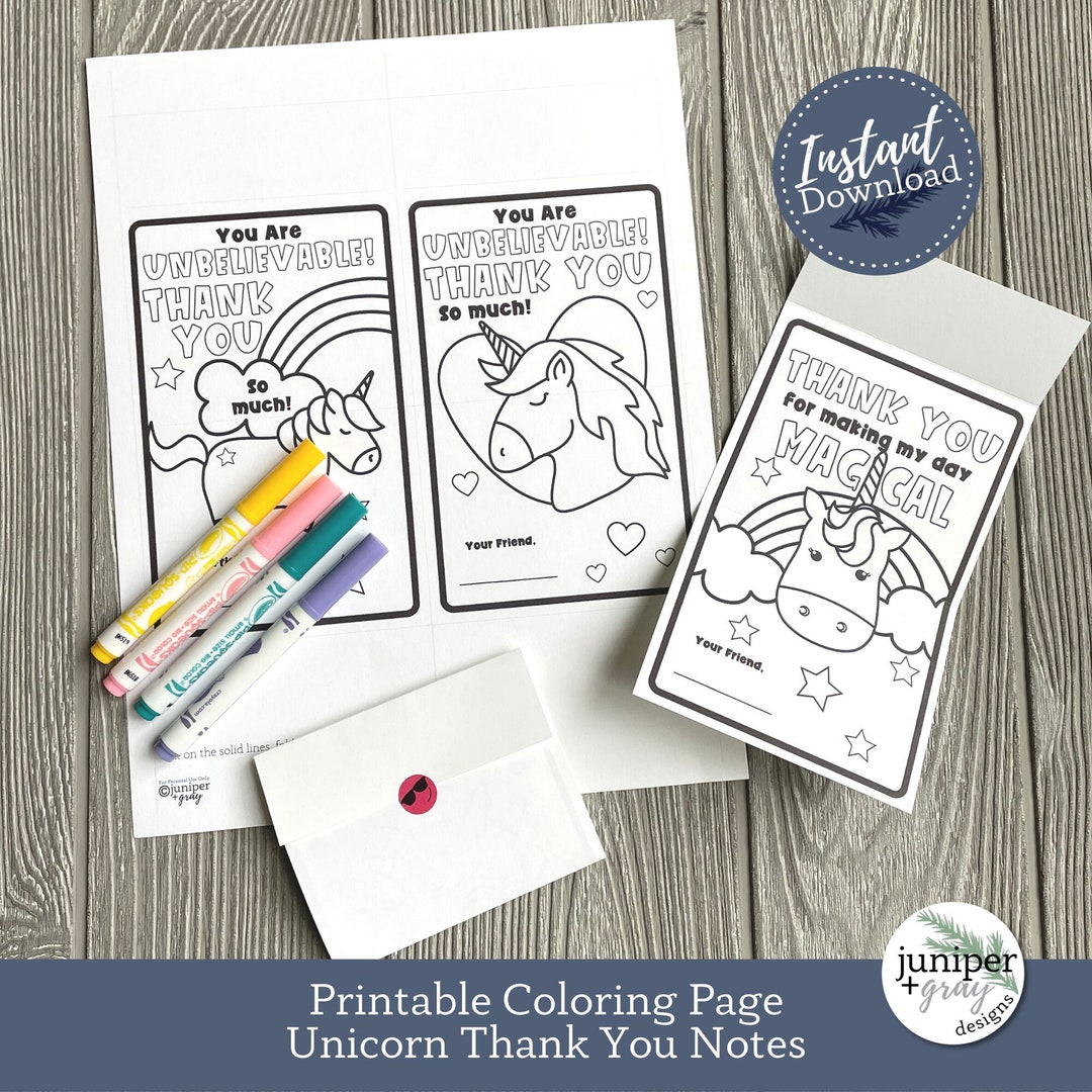 Printable Unicorn Thank You Notes: Magical Coloring Card (PDF) - Etsy