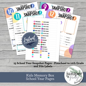 May include: A set of 15 printable school year snapshot pages for preschool through 12th grade. The pages are designed to capture memories and milestones for each school year. The pages feature colorful designs with a lightning bolt and the words "Snapshot".