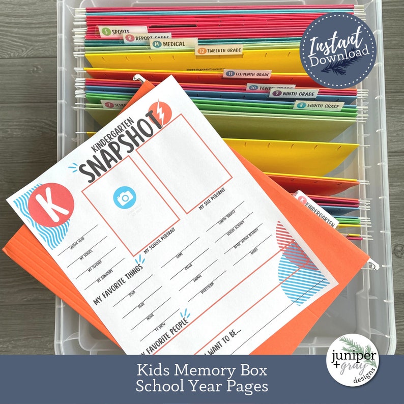 May include: A printable worksheet for a kindergarten memory box. The worksheet has a space for a photo, a self portrait, and sections for favorite things, favorite people, and what the child wants to be when they grow up.