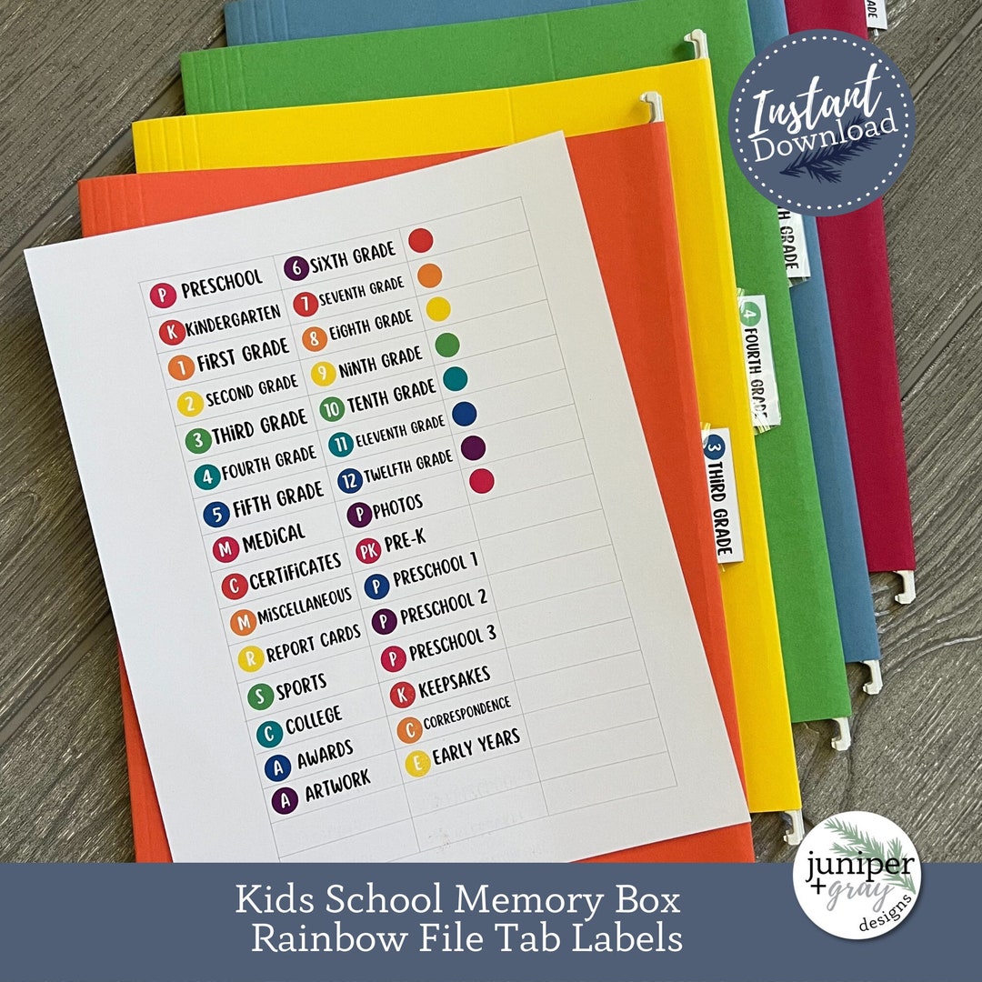 Printable School Memory Box Files Labels Rainbow Hanging File Labels