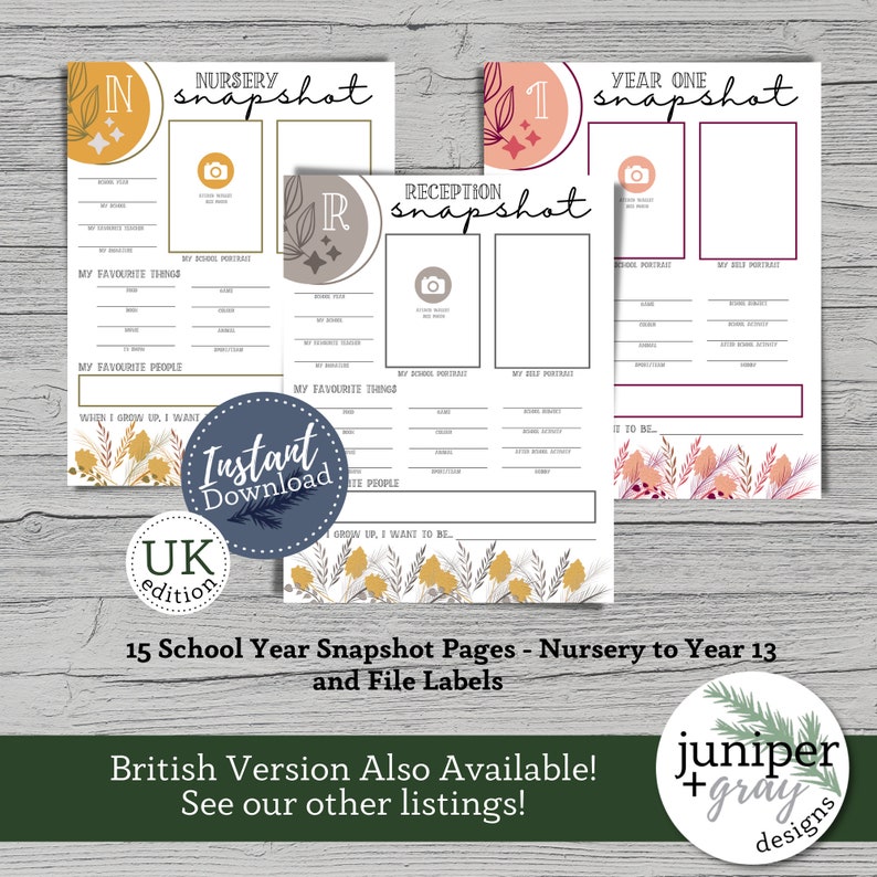 May include: Printable school year snapshot pages for children in nursery through year 13. The pages feature a colorful floral design with a place for a photo and space to write about favorite things, people, and future aspirations. The pages are labeled with the year level and include the text "snapshot".