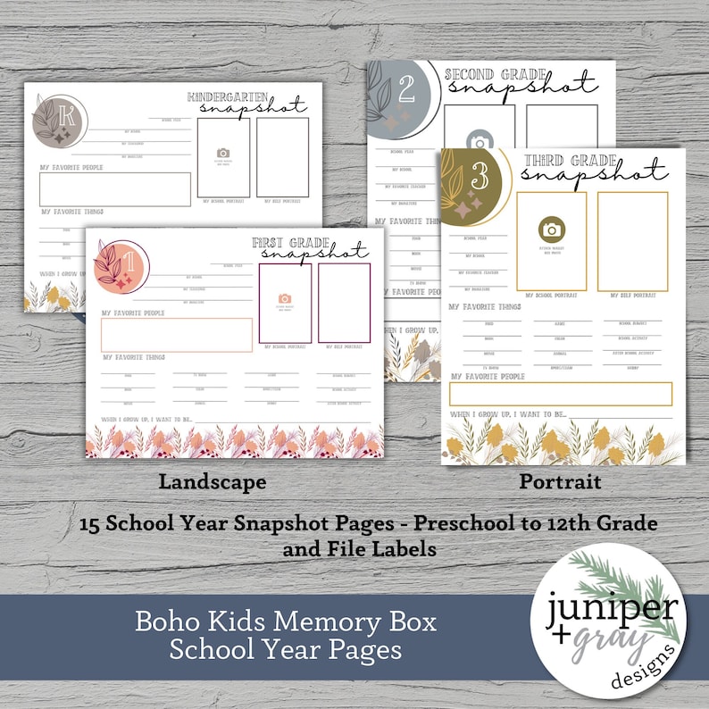 May include: A set of 15 printable school year snapshot pages for kids, featuring a boho style with floral illustrations and a color scheme of pink, yellow, and blue. The pages are designed for kindergarten through 12th grade and include space for photos, favorite things, and goals.