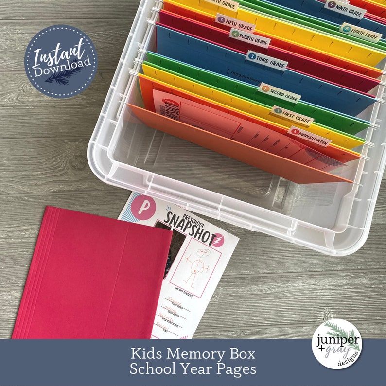 May include: A clear plastic storage box with colorful file folders labeled with grade levels from Kindergarten to Ninth Grade. The box is filled with colorful file folders. A pink folder with a preschool snapshot form is in the foreground.