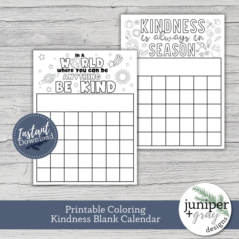 Printable Kindness Coloring Calendar - Blank Kindness Calendar ...
