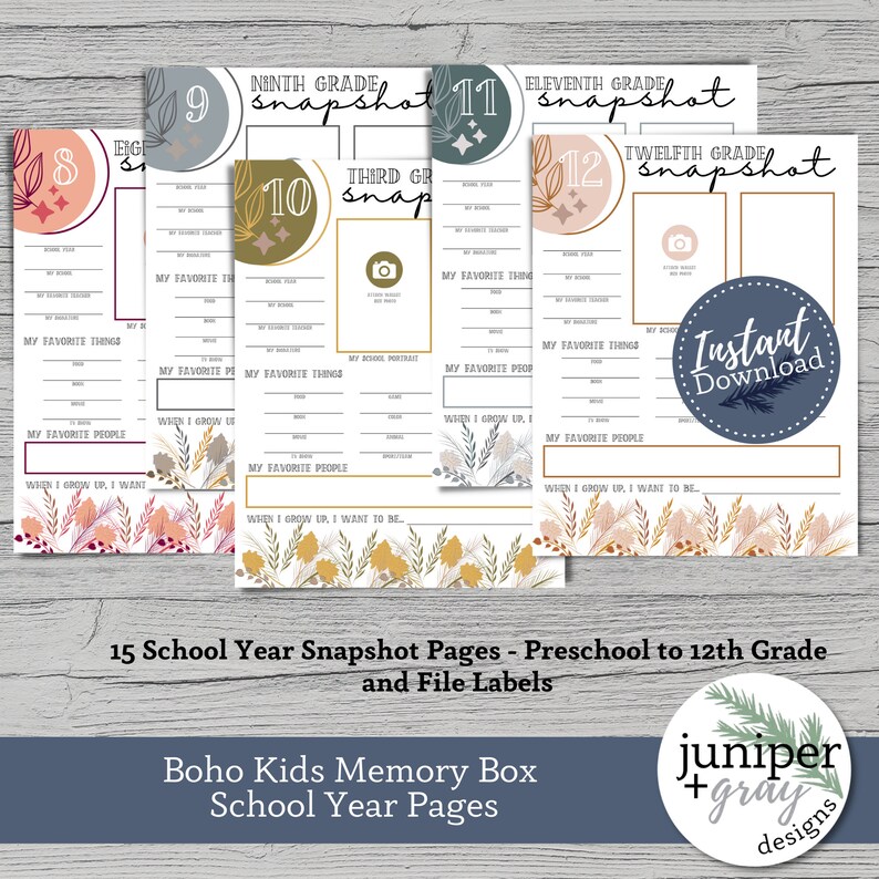 May include: A set of 15 printable school year snapshot pages for kids, featuring a boho style with floral illustrations and a color scheme of pink, brown, yellow, and green. The pages are designed for preschool through 12th grade and include space for students to write about their favorite things, people, and goals. The pages also include a space for a photo.