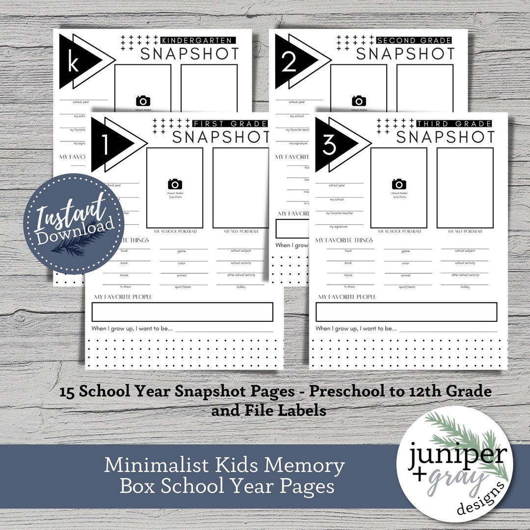 Printable School Memory Box Files Minimalist Kids School Year Memory