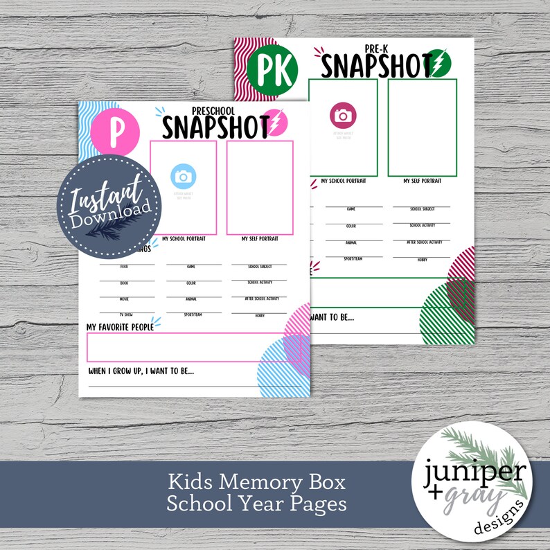 May include: Two printable pages for a preschool or pre-K memory box. The pages are decorated with colorful circles and lightning bolts. The pages include space for a school portrait, a self portrait, and information about the child's favorite things, favorite people, and what they want to be when they grow up.