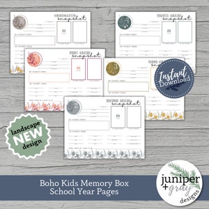 May include: A set of printable school year memory pages for kindergarten through fourth grade. Each page features a colorful design with a space for a photo and prompts for the child to write about their favorite things. The pages are labeled with the grade level and the word "snapshot".