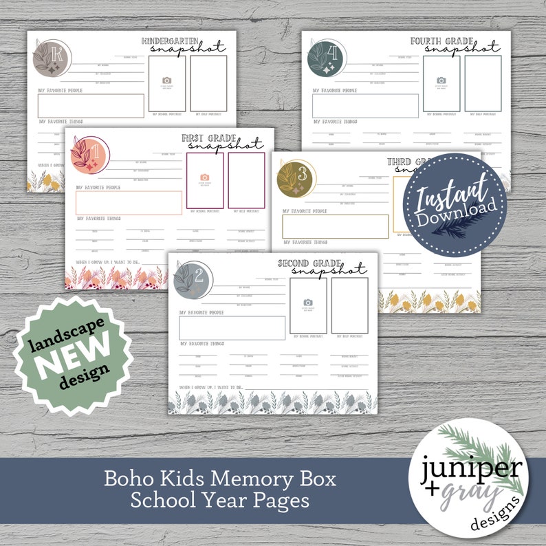 May include: A set of printable school year memory pages for kindergarten through fourth grade. Each page features a colorful design with a space for a photo and prompts for the child to write about their favorite things. The pages are labeled with the grade level and the word "snapshot".