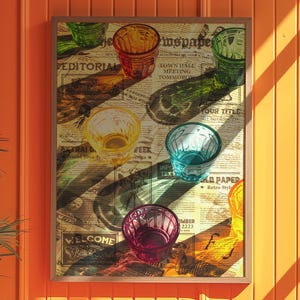 Impresión tipográfica, póster de escena de mesa retro, arte mural estético de los años 70, decoración de vidrio colorido, obra de arte impresa de inspiración vintage para el hogar.