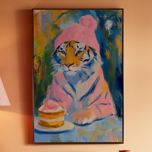 Tiger Poster, rosa Kitsch Ästhetik, bunte Kunst, Preppy Wandkunst, trendiges Dekor, Maximalist Badezimmer Wandkunst, Dopamin-Dekor, Wohnzimmer